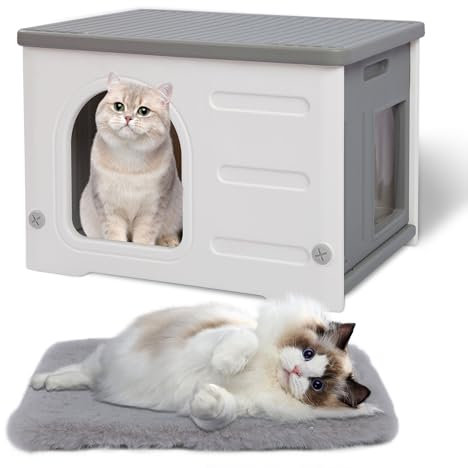 Hicaptain Cat Houses for Indoor Cats with Escape Door Plastic Outdoor Cat House Puppy Feral Cat Shelter for Small Medium Pets-Grey
