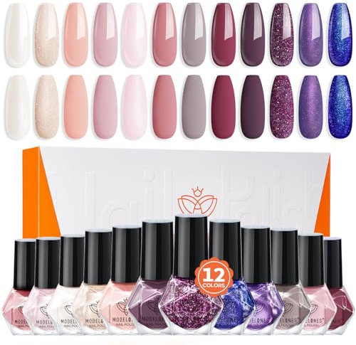 MODELONES Nagellack 12 PCS, Schnelltrocknend Weiß Nude Glitter Blau Rosa Lila, Ungiftig Auf Wasserbasis, Langanhaltend für DIY Salon Geschenk für Frauen Mädchen