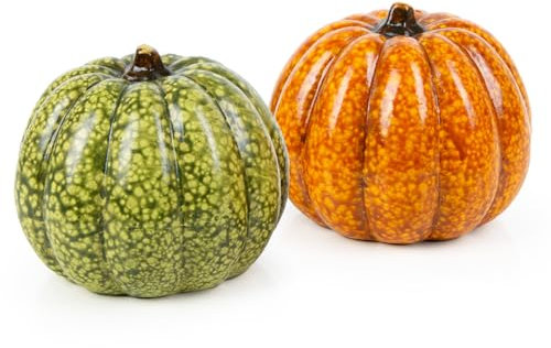 Logbuch-Verlag 2 kleine Deko Kürbisse orange grün Zierkürbis Herbstdeko aus Keramik 8,5 cm rund
