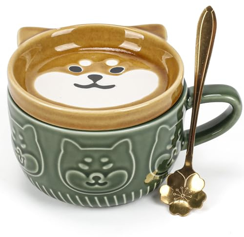 FOGAWA Cute Dog Mug with Lid Gifts for Women Dogs Lovers Ceramic Dog Coffee Mug Novelty Animal Coffee Tea Cup Saucer Set Christmas Gifts for Birthday Men Mum Boys Girls New Year
