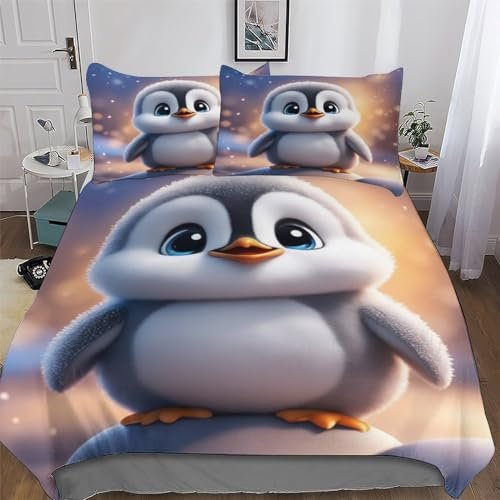 AAPZY Pinguin Bettwäsche Set ; Bettbezüge Mit 3D Muster; Für Jungen Mädchen Atmungsaktive Microfaser Bettbezug Mit Reißverschluss Und Kissenbezug Single (135x200cm)