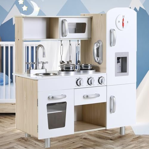 Puppenküche Holz, Kinderküche aus Holz, Spielzeugküche mit zubehör, inklusive Eismaschine, Telefon, Uhr, Backofen, Rollenspielküche für Kinder, Kinderspielzeug, Babyspielzeug Spielküche (Weiße)