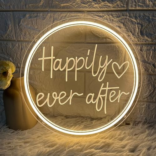 Happily Ever After Neon Sign Dimmable LED Neon Lights Sign for Wall Decor USB Powered LED Sign for Wedding Anniversary Valentine's Celebrations Bedroom Art Sign Decorations 30CM*30CM