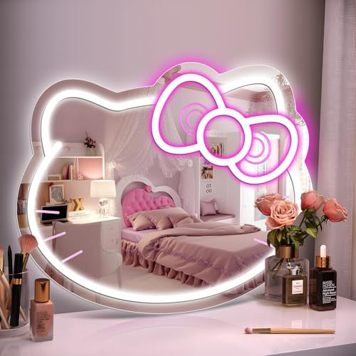 inShareplus Anime Hello Kit Neonschild-Spiegel, Schminktisch, 35,6 x 30,5 cm, niedliche Katze, LED-Neonlichter, Geschenk, 5 V, USB, dimmbar, beleuchteter Wandspiegel für Teenager, Mädchen, Geschenk