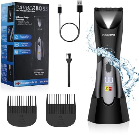 BarberBoss Body & Beard Hair Trimmer for Men, Waterproof Body Groomer - Groin & Ball Shaver, Intimate Hair Clippers with Travel Lock, Men's Trimmer, QR-2020