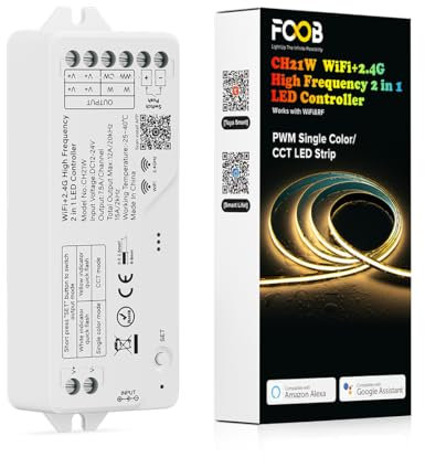 FCOB CH21W WiFi+2.4G Monocolor CCT 2en1 Controlador LED Alta Frecuencia para 5050SMD COB de un Solo Color CCT Tira LED soporte Mando a Distancia RF Alexa Google Assistant Tuya APP Control DC12 DC24V