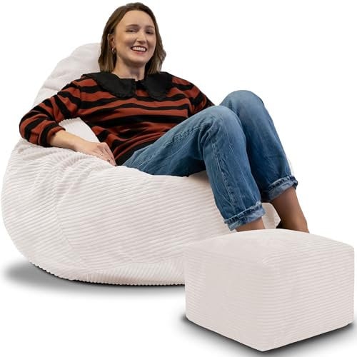 DreamRoots Sitzsack Erwachsene Cord oder Kinder - Bean Bag Sofa - Sitzsack Cord mit Hocker und Bezug - Sitzsäcke mit Füllung 90x90x100 cm White Dove