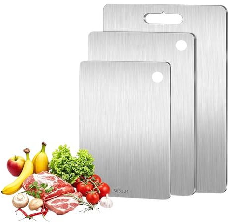 Spalivivre 3 Pezzi Tagliere in Acciaio Inox,Tagliere da Cucina,Doppio Lato per Alimenti, Antibatterico e Resistente per Carne, Frutta, Verdura (39x28cm+34x23cm+29x20cm)