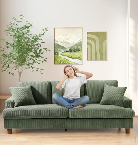 Kidirect Cord Sofa 3 Sitzer, 221CM Bequemes Couch 53CM Extra Tiefe Sitze, Sofa Wohnzimmer Werkzeugfreie Montage, Big Sofa Couch mit 2 Kissen, Modernes Couch fürs Büro, Schlafzimmer Sofas Waldgrün