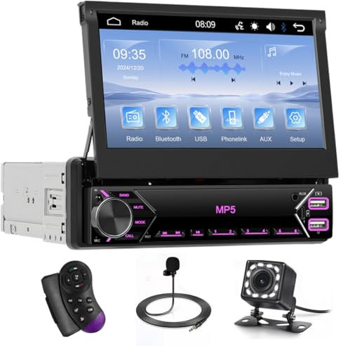 Hikity Autoradio 1 Din écran Tactile de 7 Pouces Rétractable Manuel, Bluetooth Poste Radio de Voiture avec Caméra de Recul Mirror Link, USB, SWC, Radio FM, AUX, TF
