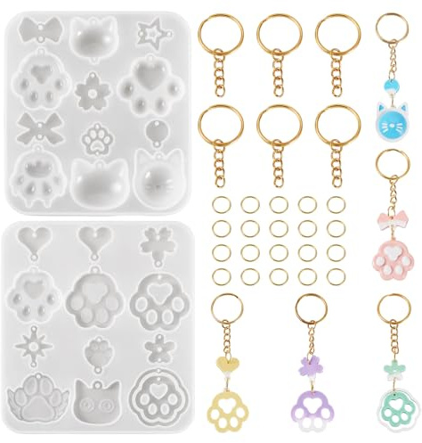 Bestewelry Lot de 2 moules en résine avec empreintes de pattes de chat et de chien, motif d'empreintes d'animaux en 3D, moule en résine UV avec porte-clés et anneaux de saut pour travaux manuels en