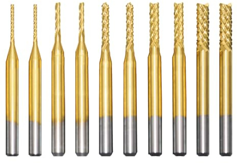 10 Stück Hartmetall Schaftfräser, Titan Beschichtete CNC Fräser Gravur Bits Carving Drill Werkzeuge, Schneide Frässtifte Drill End Mill Bohraufsätze für Holz Aluminium Stahl Titan Holz (1-3mm)