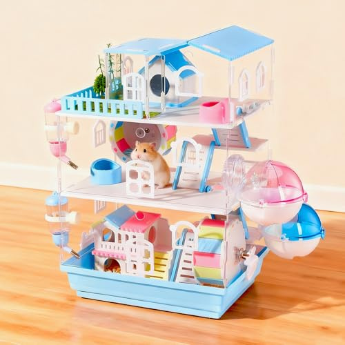 Dreistöckiger Acryl-Hamsterkäfig, 35 x 26 x 51 cm Hamsterhaus, magnetisches Design Hamstervilla, mit Trinkflasche, Fressnapf, Laufrad, Badewanne und bunter Brücke, herausnehmbarer Boden, blau