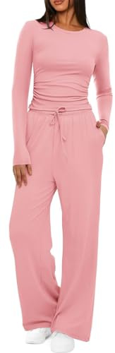 OLIPHEE 2 Teiler Set Damen Sommer Outfit Elegant Lounge Set Damen Langarm Oberteil Slim Fit und Hose Yoga Trainingsanzug Gym Hosenanzug Herbst Tracksuit Frauen Freizeitanzug Rosa XL
