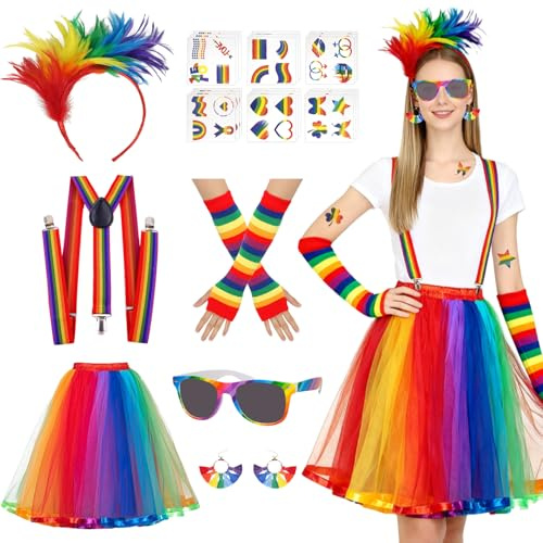 Regenbogen Kostüm Damen,Tüllrock Regenbogen Damen Set 7 Stück,Bunter Rock Karneval mit Feder Haarreif,Ohrringe,Tattoo Aufkleber,Riemen Kniestrümpfe BuntRegenbogen Kostüm für Karneval,Fasching
