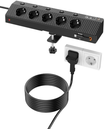 PASSUS Steckdosenleiste Flachstecker USB 65W, Verlängerungskabel 2M,Schwarz | 5Fach Mehrfachsteckdose, Einzeln Schaltbar Tischsteckdose Schreibtisch, USB-C Einziehkabel, Steckdose mit Überspannungsschutz
