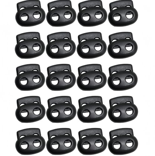 QHFlashbuy Shoe Lace Tie Locks 20 Pack Spring Cord Locks,Elastic Cord Adjusters Double Hole Drawstring Stopper Fastener Black Plastic Spring Cord Lock for Shoelaces Drawstrings(Black)