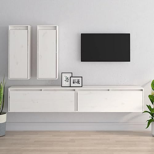 Ziaphsol Meubles TV 4 pièces en Bois Massif Blanc avec armoires murales suspendues pour Salon et séjour, Design élégant, Rangement Pratique, Support écran, idéal pour Chambre ou Bureau