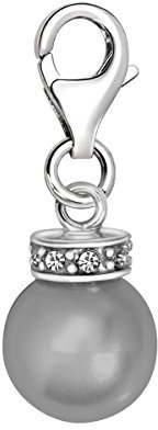 Quiges Charm Anhänger Grau Kunstlichen Perle mit Weiß Zirkonia Krone 925 Silber mit Karabinerverschluss für Bettelarmband