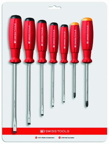 PB Swiss Tools Schlitz und Kreuzschraubendreher Set PB 8250 | 100% Swiss Made | 7-teiliges SwissGrip Schraubenzieher Set, Grössen (3,5/4/5,5/6,5/8 mm/PH1/PH2) | für Profi, Heimwerker, Handwerker