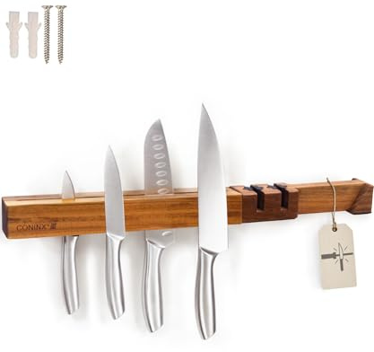 Coninx Magnetische Messerleiste Aus Akazienholz Mit Messerschärfer 48 cm | Halte Küchenmesser Sicher Griffbereit Und Immer Scharf Mit Doppelmagnet Und Integriertem Schärfer