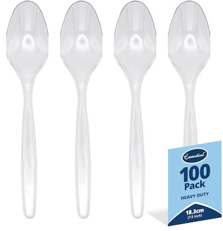 Essential Housewares | 100 Clear Reusable Spoon | BPA Free | Heavy Duty Plastic | Birthdays, Parties, Camping, Catering | 18cm Long