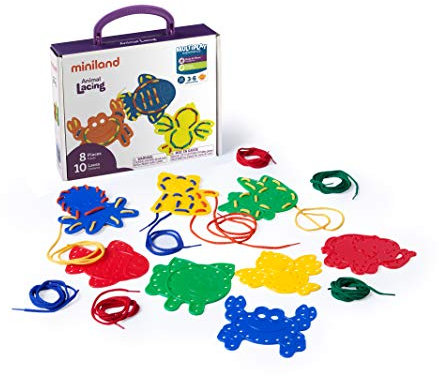 Miniland - Animal Lacing (45304) Figuras de Animales para Coser ensartar