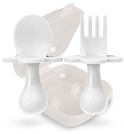 grabease Ustensiles d'auto-alimentation pour bébés et tout-petits - Ensemble cuillère et fourchette pour le sevrage dirigé par bébé - Fabriqués en plastique non toxique