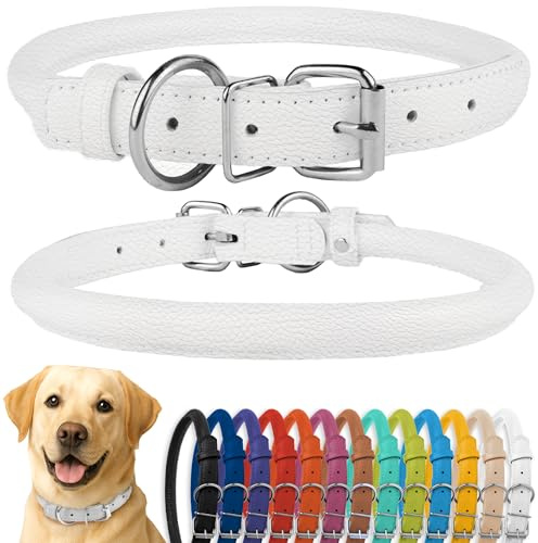 CollarDirect Rolled Leather Dog Collar, Soft Padded Round Puppy Collar, Handmade Genuine Leather Collar Dog Small Large Cat Collars Black Pink Red Purple Blue (Fits 16-20 Neck, White)