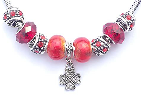 Collar de acero inoxidable Charms Thurcolas modelo Manhattan con colgante en forma de trébol con cristales rojos