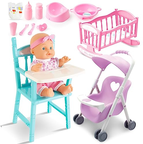 deAO 13-teiliges Spielset Meine erste Babypuppe mit einem Miniaturbett, einem mobilen Kinderbett, einem Hochstuhl, Fütterungszubehör und eine Babypuppe