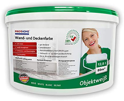 PRO[f]home® - Wandfarbe 300-31-AP Objektweiß Innenfarbe Farbe hochergiebig gut deckend matt weiß 12,5 L Eimer für max. 80 qm Profhome