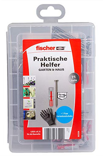 fischer easyDIY Box Garten und Balkon, langlebig und stabil, 71-teiliges Dübelset mit rostfreien Schrauben, 6-8 mm Durchmesser, 30-40 mm Länge, für Heimwerker, inklusive Gartenhandschuhe Gr. 9