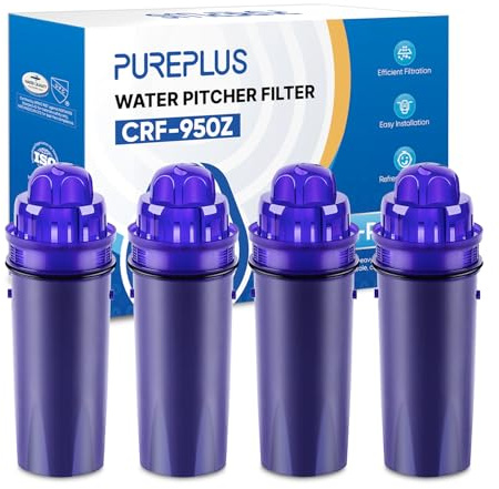 PUREPLUS CRF950Z Lot de 4 filtres à eau de rechange pour pichet Pur PPF900Z, PPF951K, PPT700W, CR-1100C, DS-1800Z, CR-6000C, PPT711W, PPT711, PPT710W, PPT111W, PPT111R et tous les pichets et