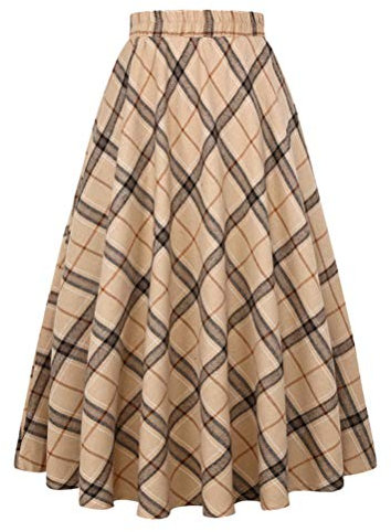 IDEALSANXUN Damen Plaid Rock Elastische Taille A-Linie Midi Faltenröcke - - Groß