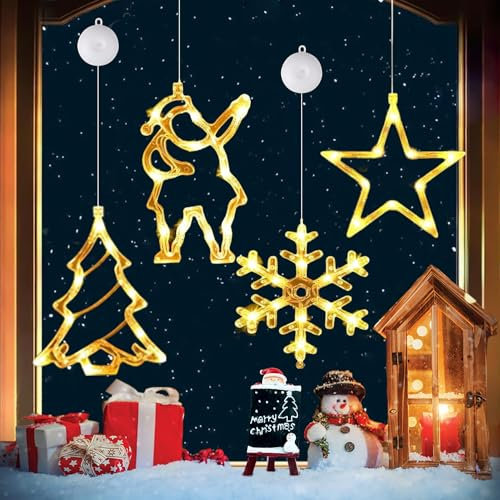 FPEAOB 4er Set Fensterdeko Hängend Fensterlicht mit Saugnapf LED Warm Weiß Batteriebetrieb Weihnachtsbeleuchtung Weihnachtsmann Weihnachtsbaum Stern Schneeflocke für Weihnachtsdeko