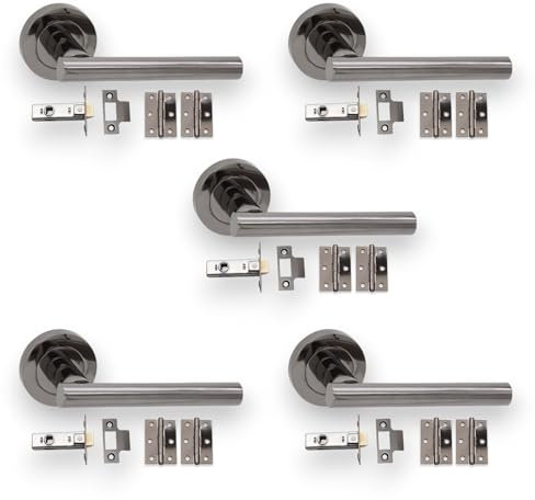 Infinity Decor Set of 5 Black Nickel 125mm Lever On Rose Door Handles, Latch & Hinge Pack for Internal & External Use