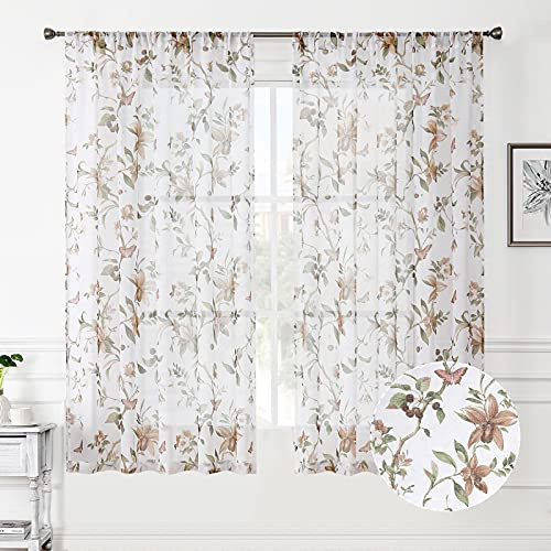 Tollpiz Blumen Vorhänge Taupe, Kirschblüte, Schmetterlingsdruck, Voile-Leinenoptik, weiße durchsichtige Vorhänge für Wohnzimmer, Schlafzimmer, 137 x 160 cm, 2er-Set mit Taschen für Vorhangstangen