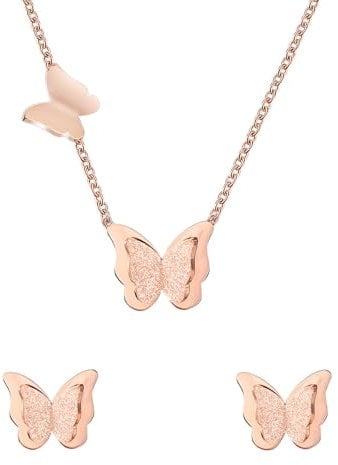 baobei Kaguyo Jewelry Set for Women - 14k Rose Gold Plated Stainless Steel Butterfly Charms Pendant Necklace with Elegant Butterfly Stud Earrings for Women and Girls Birthday Gift