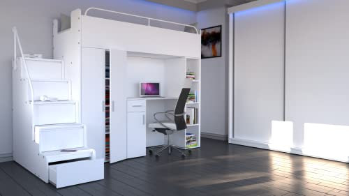 Furniture Just4U Limited Modern Cabin High Sleeper Bed Bunk Loft Storage Mid Wardrobe Desk Stairs Set Without Mattress Bedroom Boy Girl Child Youth Max 4SM (White), Small Single - 80 cm x 190