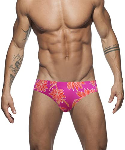 ORANDESIGNE Slip de Bain Homme Piscine Sexy Imprimé Maillot de Bain avec Rembourrage Amovible et Bonnet Push-Up Shorts de Bain G-Rose Rouge S