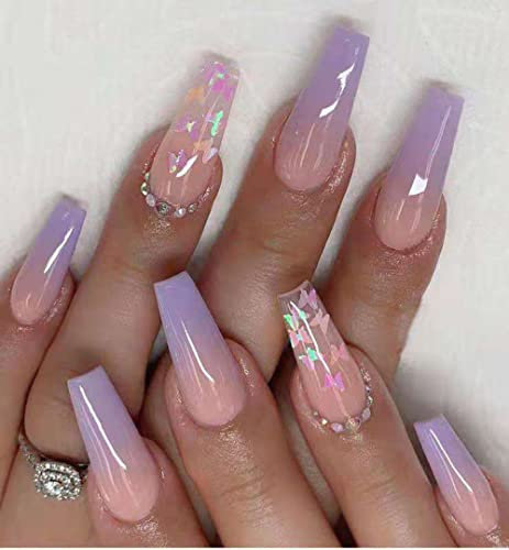 BSLVWG Long False Nails Gold Foil Press On Ballerina Acrylic Stick On 24pcs for Women and Girls (08) (J)