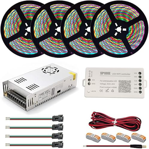TOPXCDZ WS2812B WS2812 IndividuaIIy AddressabIe RGB-LED-Lichtleiste, 20 m, DC5 V, LED-Transformator, Netzteil, SP108E WiFi-Steuerung, IP30, nicht wasserdicht, 60 LEDs, weiße Leiterplatte