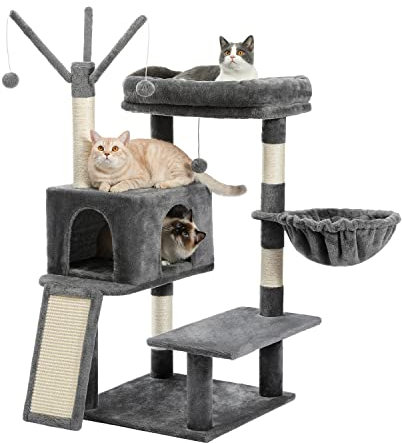 PETEPELA Arbre à Chat pour Les Gros Chats avec Super Grande Niche Hamac Poteau Griffoir en sisal Jouet pour Chat Gris 122cm