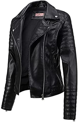 Giacca da Donna Street Fashion Biker in Pelle Artificiale Corta Temperamento Sottile Giacca PU Confortevole Giacca da Lavoro Pilota Giacca Casual di Base (Nero,3XL)