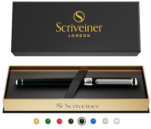 Scriveiner Bolígrafo Roller Verde - Lujoso Bolígrafo Verde Muy Oscuro, Acabado Cromado, Recambio de Tinta Schmidt, Mejor Set de Regalo de Empresa para Hombre y Mujer, Profesional, Oficina Ejecutiva