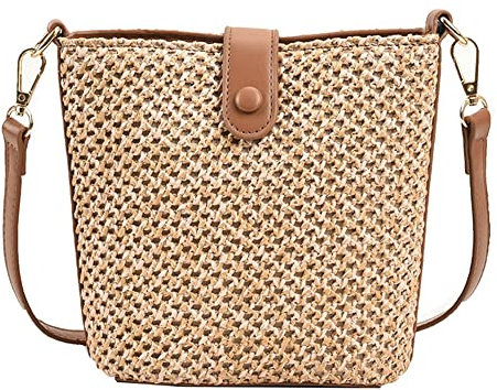 Sac à bandoulière en paille pour femme, sac à bandoulière en rotin fait à la main, sangles en cuir tissé à la main, pochette de vacances, marron, Taille unique