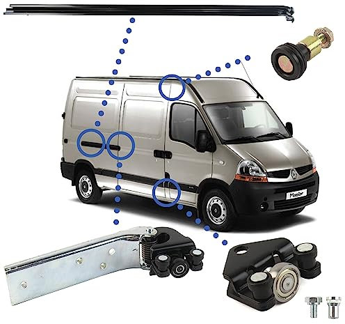 3 roulettes porte latérale + RAIL DE PORTE compatible pour Master 2, Movano A, Interstar (1997-2010) galet de porte coulissante + rail | Guide HAUT - MILIEU - BAS de porte