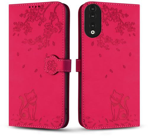 Vaitasy Custodia per Honor 90 5G, Anti Graffio Pelle PU Cover con Magnetico Folio Protettiva Custodia per Honor 90 5g - Gatto Rosa Rosso