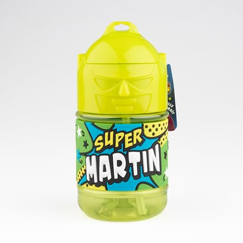 Bouteille personnalisée pour enfant, gourde d'eau avec paille - Super Martin, Jaune